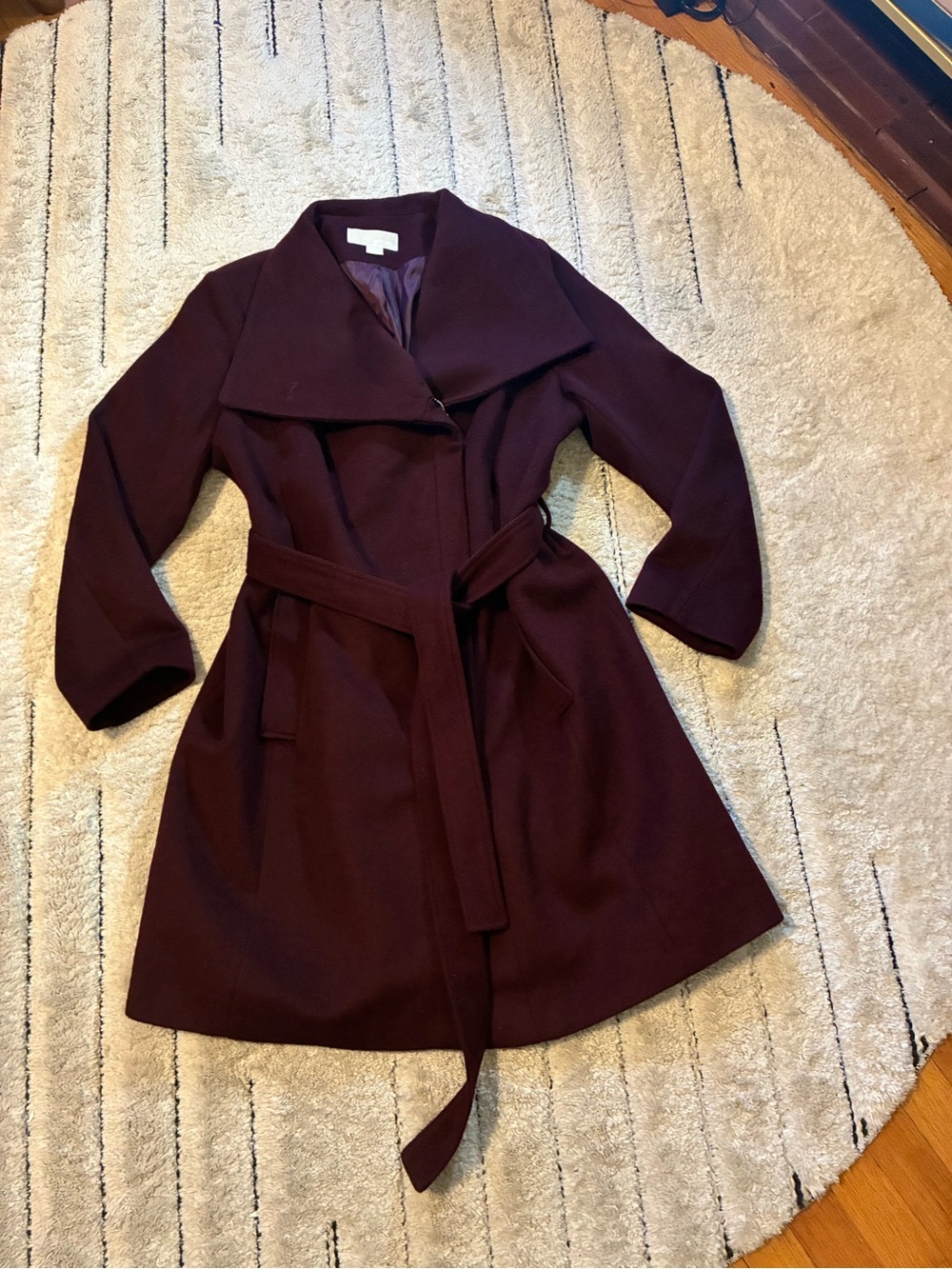 Michael Kors Burgandy Wool Coat with Belt and Gold Asymmetrical Zipper XL